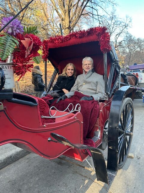 Two adults outside in horse-drawn carriage.